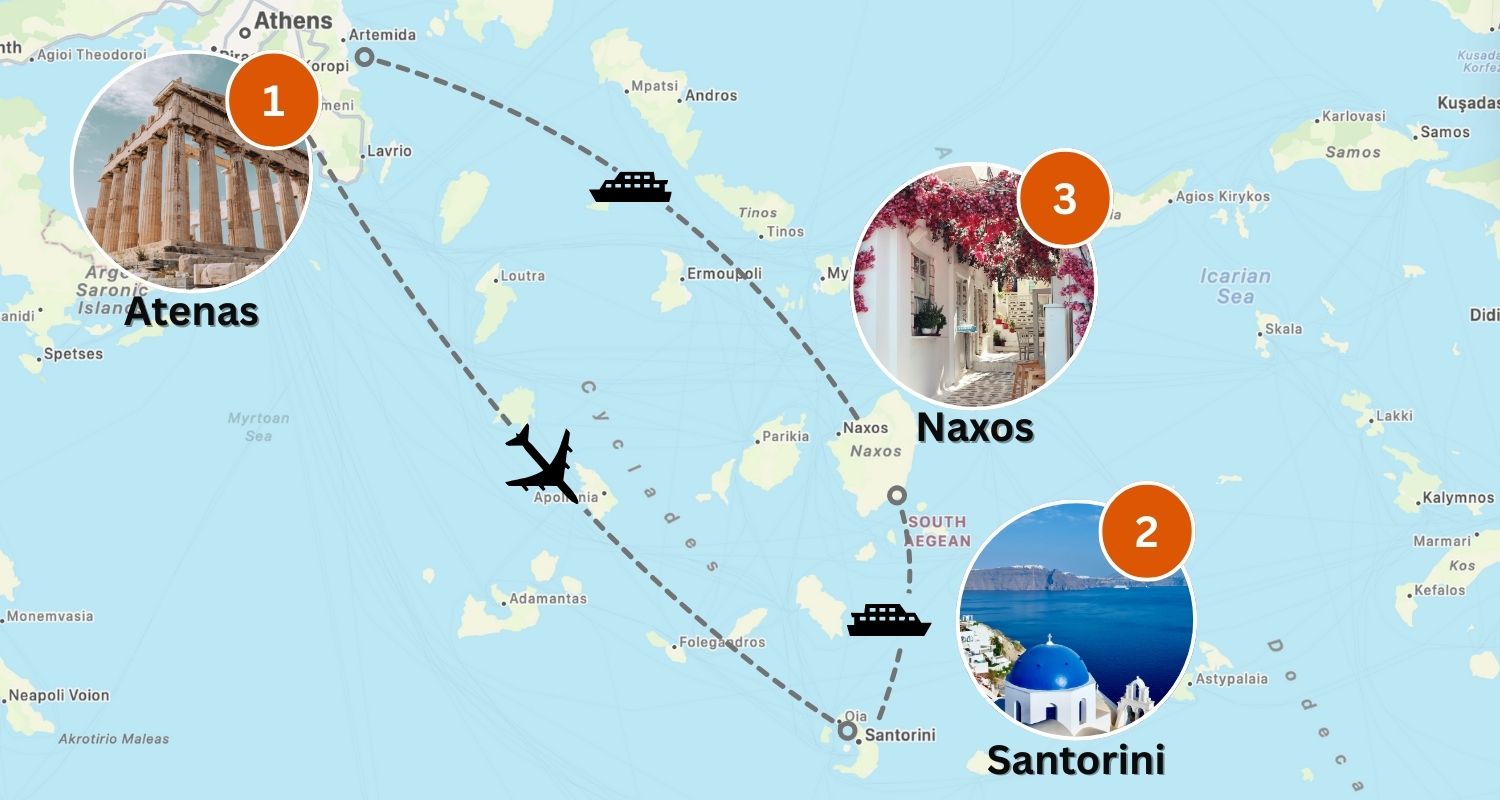 Mapa do roteiro de 10 dias pela Grécia passando por Atenas, Santorini e Naxos